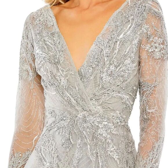 MAC DUGGAL 20336 Embellished Wrap A-line Over 3/4 Sleeve NWT Platinum 10 $698 - Picture 7 of 11
